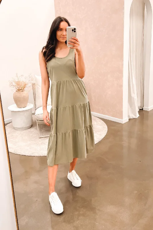 AAE Linen Midi Dress Khaki Trendy Smocked Waist Midi Dress