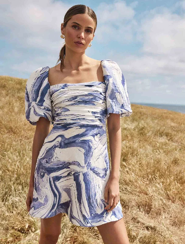 Abigail Printed Puff Sleeve Mini Dress Cozy Satin Mini Dress