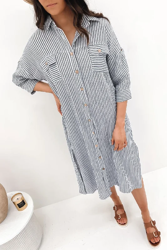 Abra Midi Dress Navy Stripe Fashionable Plaid Midi Dress