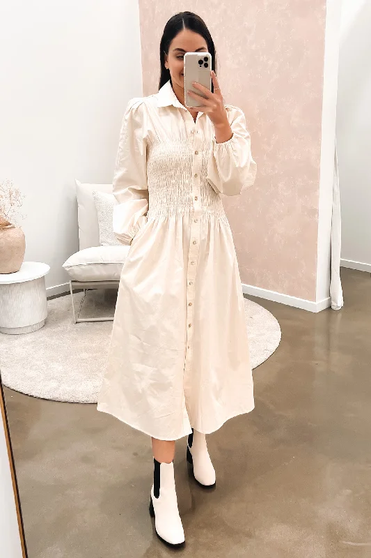 Adella Midi Dress Cream Elegant Satin Midi Dress