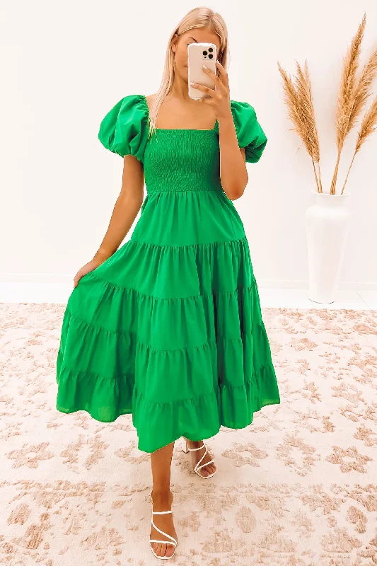Alessandra Midi Dress Green Trendy Smocked Detail Midi Dress