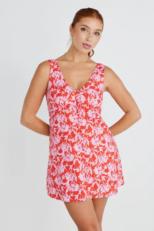 Allora Pink Floral Shadows Linen Sleeveless Button Front Mini Dress Classic Casual Mini Dress Allora Pink Floral Shadows Linen Sleeveless Button Front Mini Dress Classic Casual Mini Dress