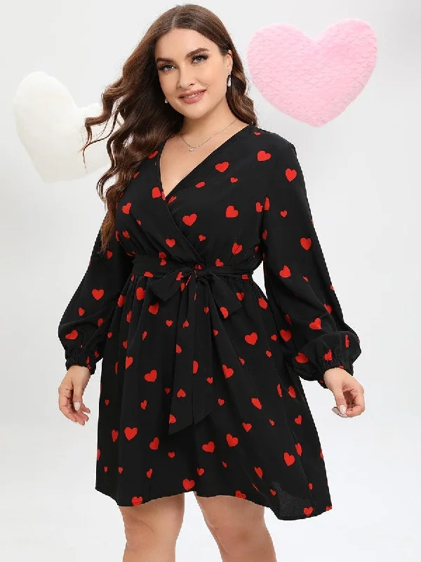 Allover Heart Print Belted Midi Dress Fashionable High-Low Midi Dress
