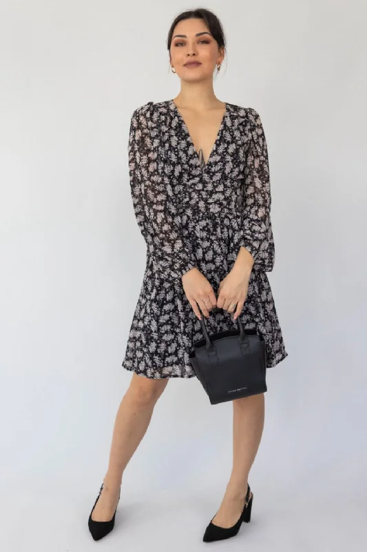Always Possible Cherry Blossom Balloon LS V Neck Tie Waist Mini Dress Stylish Plaid Mini Dress