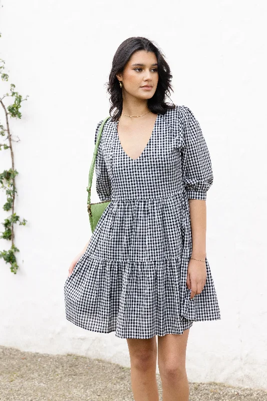 Anytime Black Gingham Tie Back Ss Puff Sleeve Tiered Mini Dress Comfortable Casual Mini Dress Anytime Black Gingham Tie Back Ss Puff Sleeve Tiered Mini Dress Comfortable Casual Mini Dress