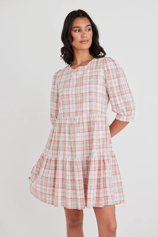 Anytime Pink Picnic Check Ss Tiered Mini Dress Stylish Summer Mini Dress