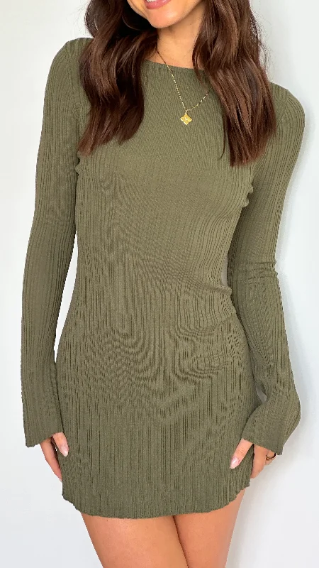 Aster Mini Dress - Khaki Comfortable Smocked Mini Dress