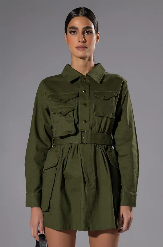 ATTENTION CARGO LONG SLEEVE MINI DRESS Stylish Ruffle Mini Dress