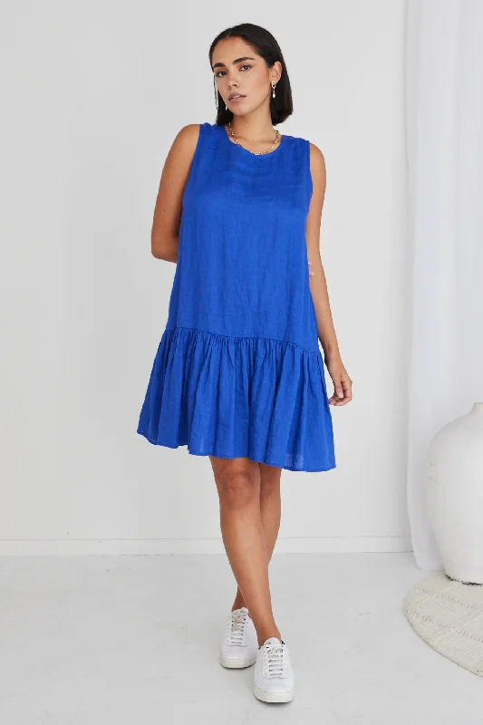Ava Electric Blue Linen Sleeveless Frill Hem Smock Mini Dress Fashionable Boho-Chic Mini Dress Ava Electric Blue Linen Sleeveless Frill Hem Smock Mini Dress Fashionable Boho-Chic Mini Dress
