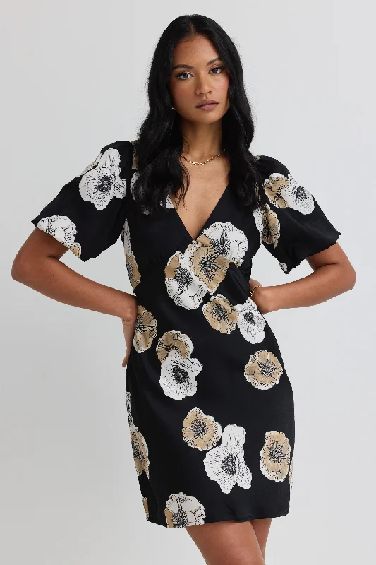 Amour Black Floral Satin Bubble Sleeve Mini Dress Elegant Mini Dress with Ruffles