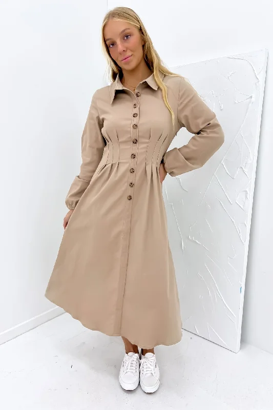 Bessie Midi Dress Tan Trendy Tiered Hem Midi Dress