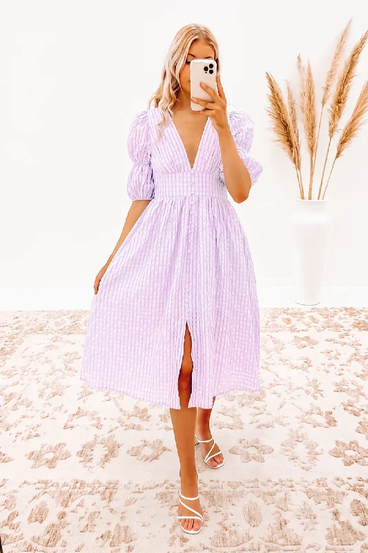 Bethany Midi Dress Lilac Elegant Puff Sleeve Midi Dress