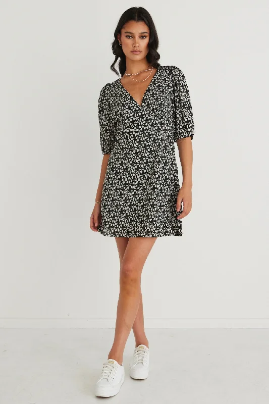 Bittersweet Black Ditsy Floral Back Tie Mini Dress Comfortable Polka Dot Mini Dress