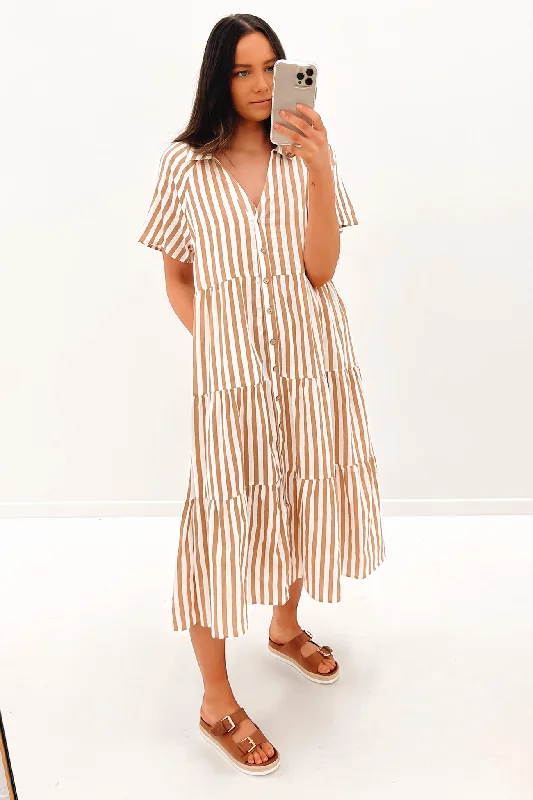 Brooke Midi Dress Brown Stripe Stylish Animal Print Midi Dress