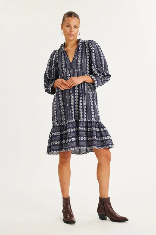 Caia Patriot Blue Embroidered LS Mini Dress Fashionable Lace Mini Dress