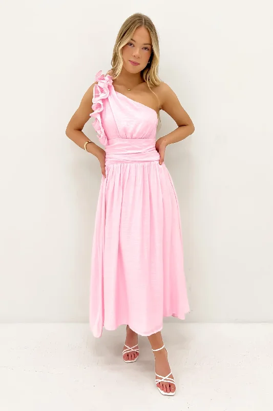 Calista Midi Dress Baby Pink Elegant Faux Wrap Midi Dress