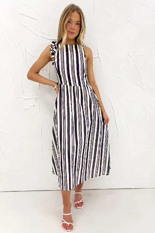 Cassia Midi Dress Charcoal Stripe Trendy Knit Midi Dress
