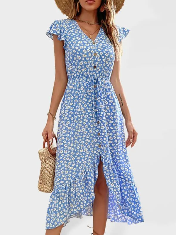 Casual V-Neck Women Midi Dress Elegant Floral Midi Dress