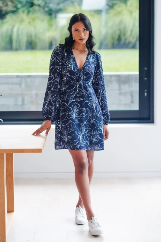 Cavort Blue Hibiscus LS Tie Front Mini Dress Chic Halter Mini Dress