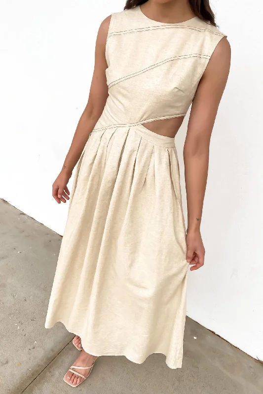 Colson Midi Dress Beige Trendy Off-Shoulder Button Midi Dress