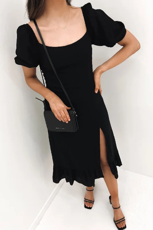 Corinne Midi Dress Black Elegant Floral Appliqué Midi Dress