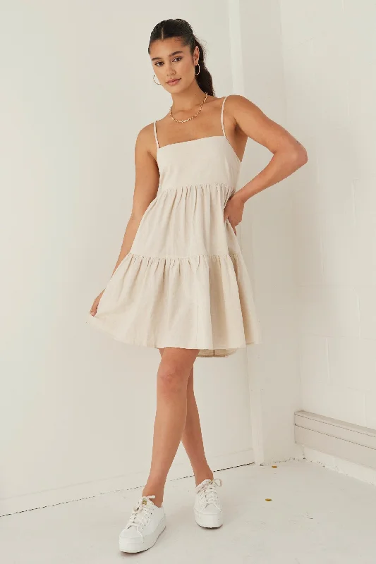 Cosmos Natural Linen Cotton Strappy Tie Back Tiered Mini Dress Cozy Ruched Mini Dress Cosmos Natural Linen Cotton Strappy Tie Back Tiered Mini Dress Cozy Ruched Mini Dress