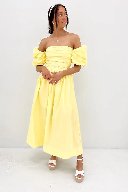 Dempsey Midi Dress Yellow Trendy Off-Shoulder Ruffle Midi Dress