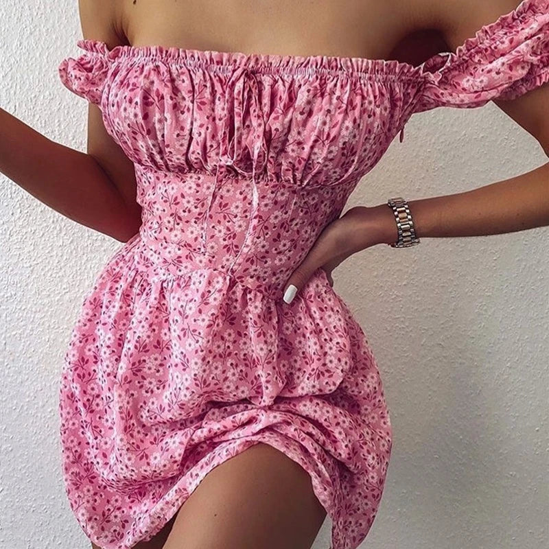 FashionSierra - 2024 Elegant Off-Shoulder Floral Mini Dress Boho Dress Chic Mini Dress with V-Neck