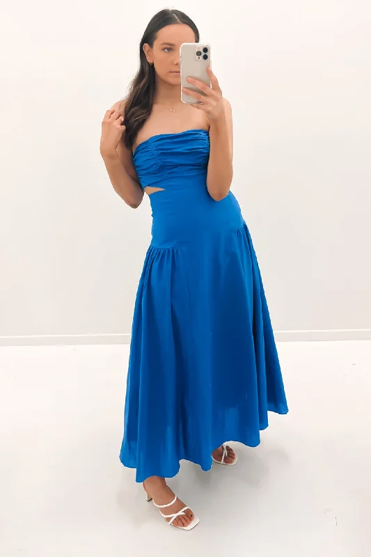 Elio Midi Dress Blue Elegant Satin Button Midi Dress