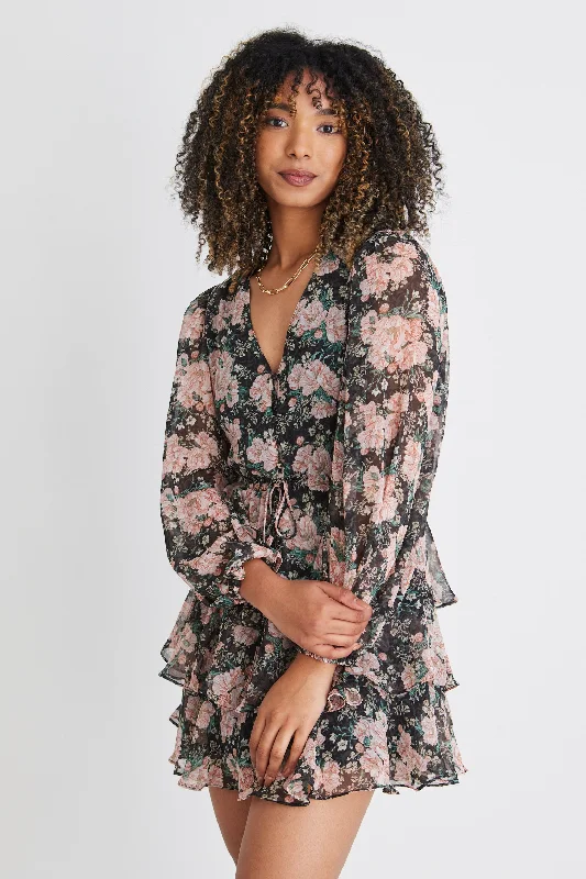 Evita Black Vintage Floral Ls V Neck Tiered Mini Dress Elegant Vintage Mini Dress