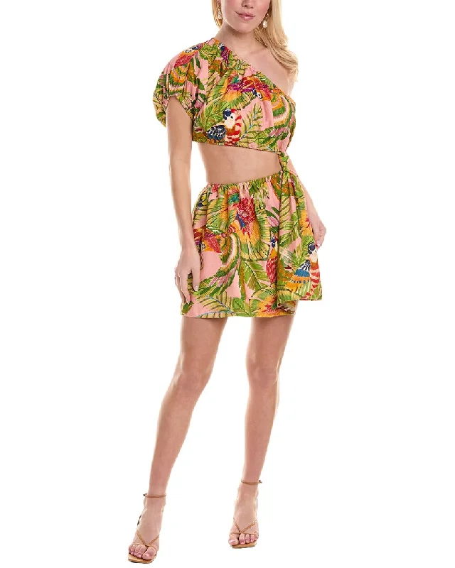 FARM Rio Macaw Leaves Cutout Waist Linen-Blend Mini Dress Stylish Short-Sleeve Mini Dress