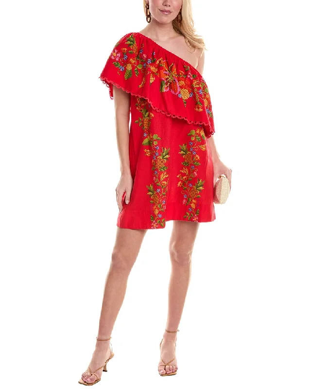FARM Rio One-Shoulder Linen-Blend Mini Dress Comfortable Smocked Mini Dress
