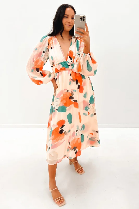 Finlee Midi Dress Orange Multi Fashionable Floral Embroidery Midi Dress
