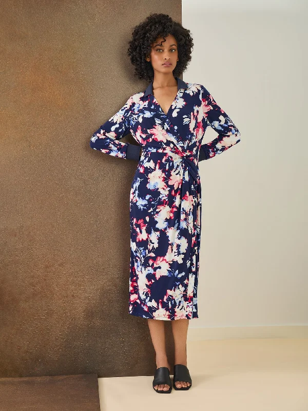 Floral Collared Twist Wrap Midi Dress Stylish Satin Midi Dress