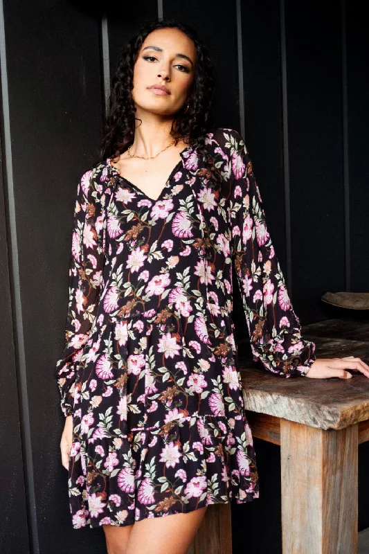 Florence Thistle Print LS Tiered Smock Mini Dress Chic Mini Dress with V-Neck
