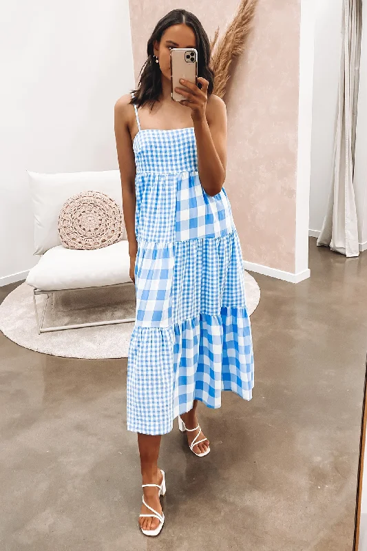 Frankie Midi Dress Blue Elegant Lace Trim Midi Dress