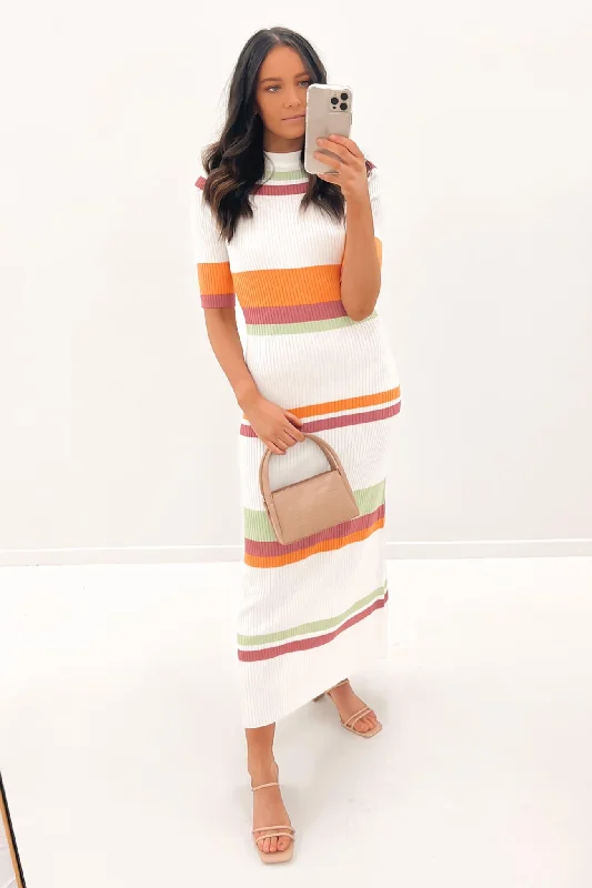 Freya Ribbed Stripe Midi Dress White Orange Sage Rose Comfortable Button Front Midi Dress