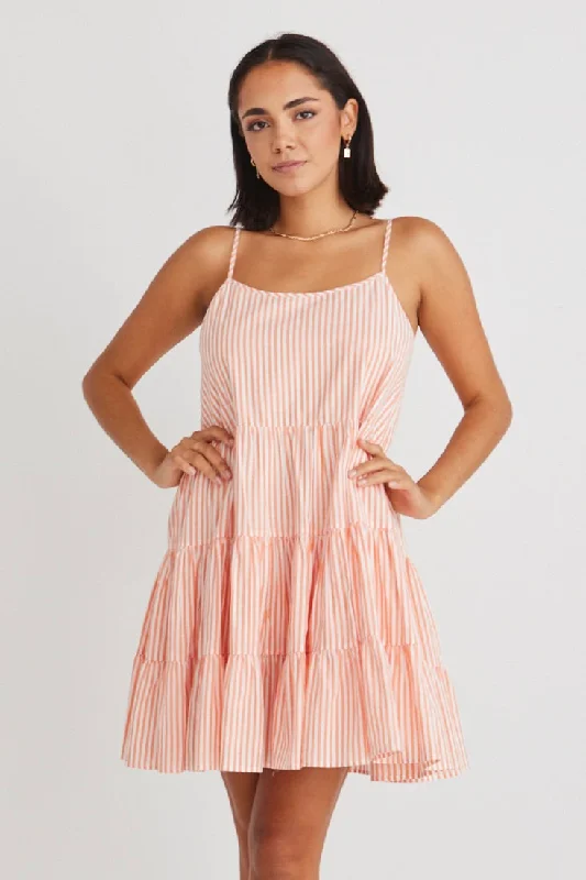 Garden Melon Stripe Strappy Tiered Empire Mini Dress Stylish Ruffle Mini Dress