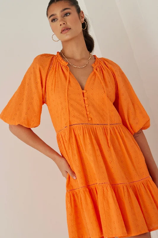 Gemini Orange Broiderie Balloon Sleeve Tiered Mini Dress Casual Button-Up Mini Dress Gemini Orange Broiderie Balloon Sleeve Tiered Mini Dress Casual Button-Up Mini Dress