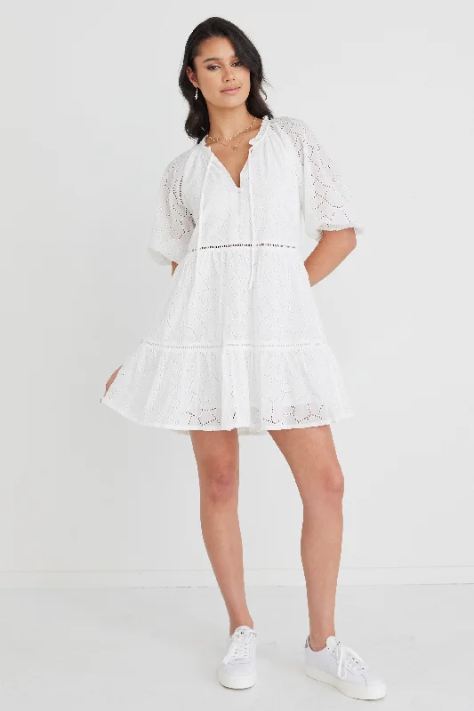 Gemini White Broiderie Balloon Sleeve Tiered Mini Dress Fashionable Party Mini Dress Gemini White Broiderie Balloon Sleeve Tiered Mini Dress Fashionable Party Mini Dress