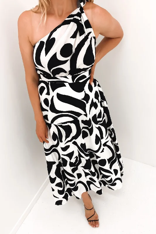 Georgie Midi Dress White Black Fashionable High-Neck Midi Dress