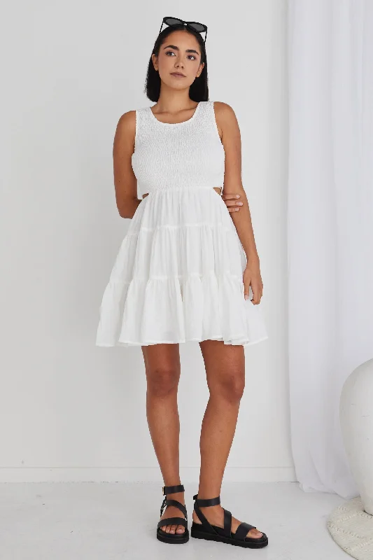 Harley White Sleeveless Waist Cut Out Tiered Mini Dress Cozy Knit Mini Dress