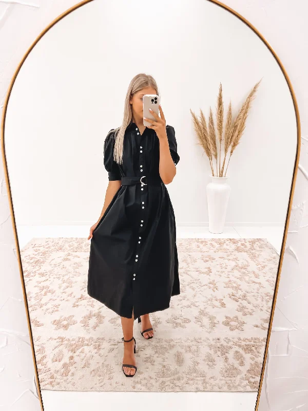 Haylee Midi Dress Black Stylish Button-Up Midi Dress