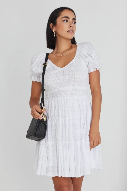 Heidi White Shirred Cotton SS V Neck Shirred Bodice Mini Dress Comfortable Shift Mini Dress