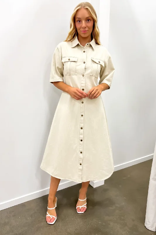 Hunter Denim Midi Dress Beige Trendy Ruched Side Midi Dress
