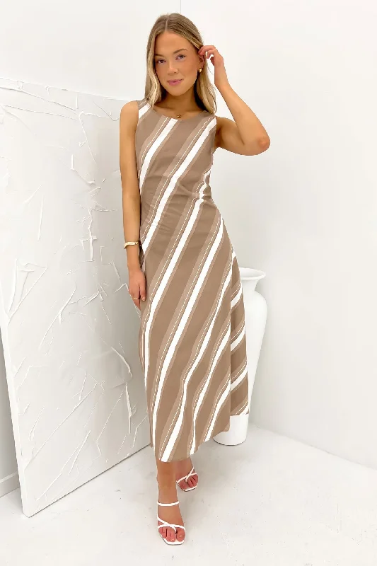 Isadora Midi Dress Brown Stylish Striped Midi Dress