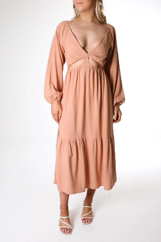 Jaylen Midi Dress Tan Fashionable Off-Shoulder Dress Midi