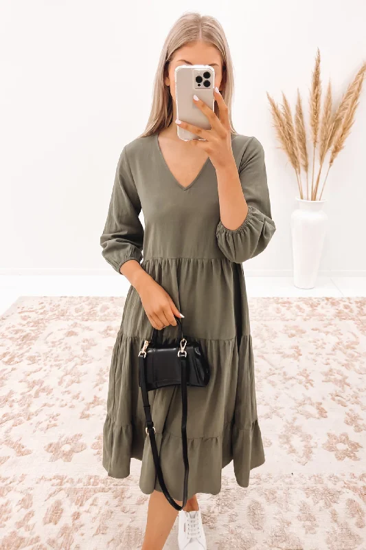Jessika Midi Dress Khaki Trendy Flared Sleeve Midi Dress
