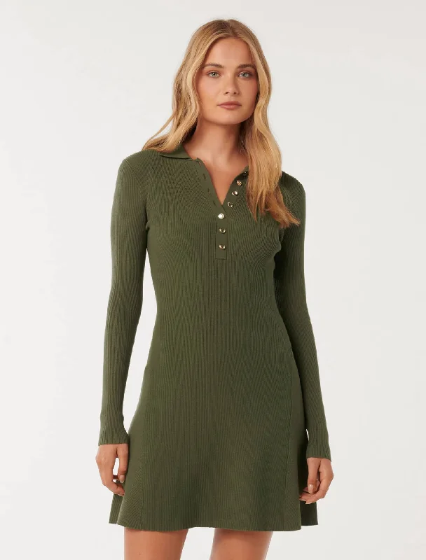 Joanna Half Placket Ribbed Mini Dress Comfortable Polka Dot Mini Dress
