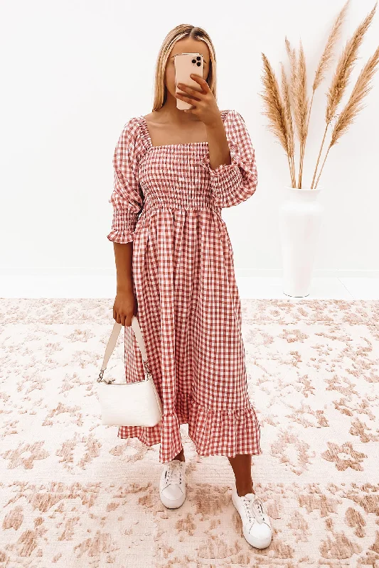 Julius Midi Dress Blush Check Trendy Square Neck Midi Dress